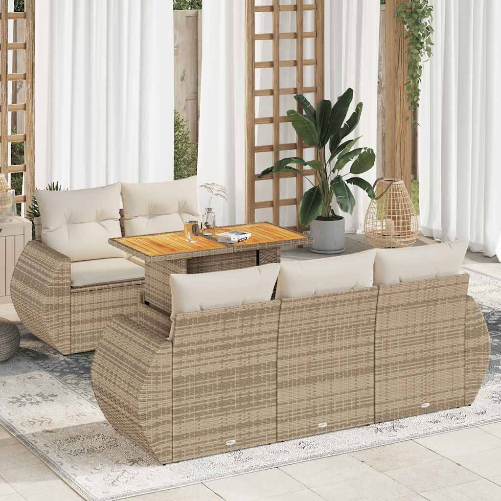 vidaXL 6-tlg. Garten-Sofagarnitur mit Kissen Beige Poly Rattan