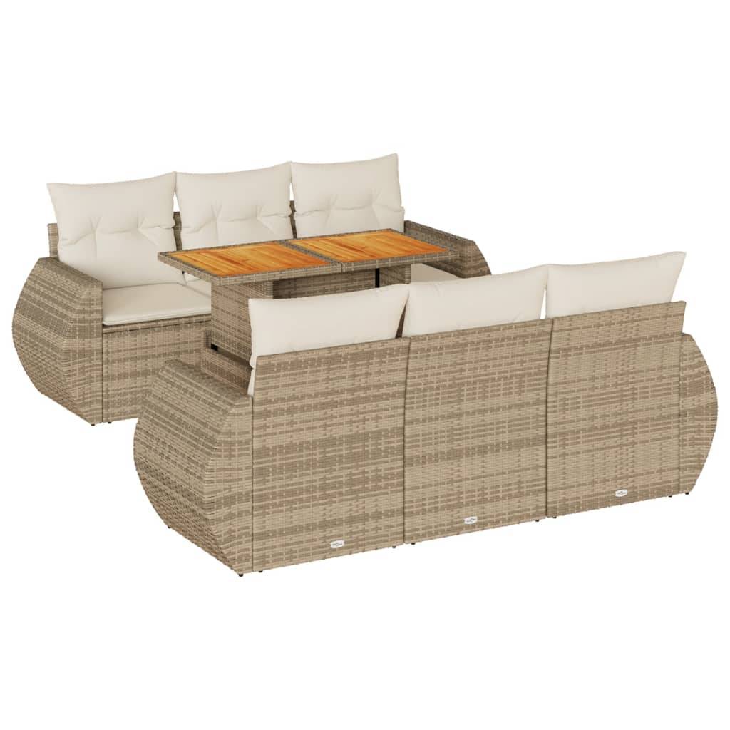 vidaXL 7-tlg. Garten-Sofagarnitur mit Kissen Beige Poly Rattan