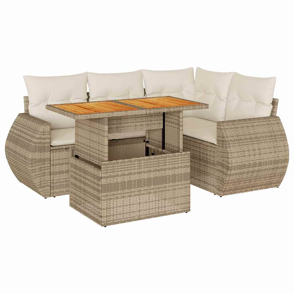 vidaXL 5-tlg. Garten-Sofagarnitur mit Kissen Beige Poly Rattan
