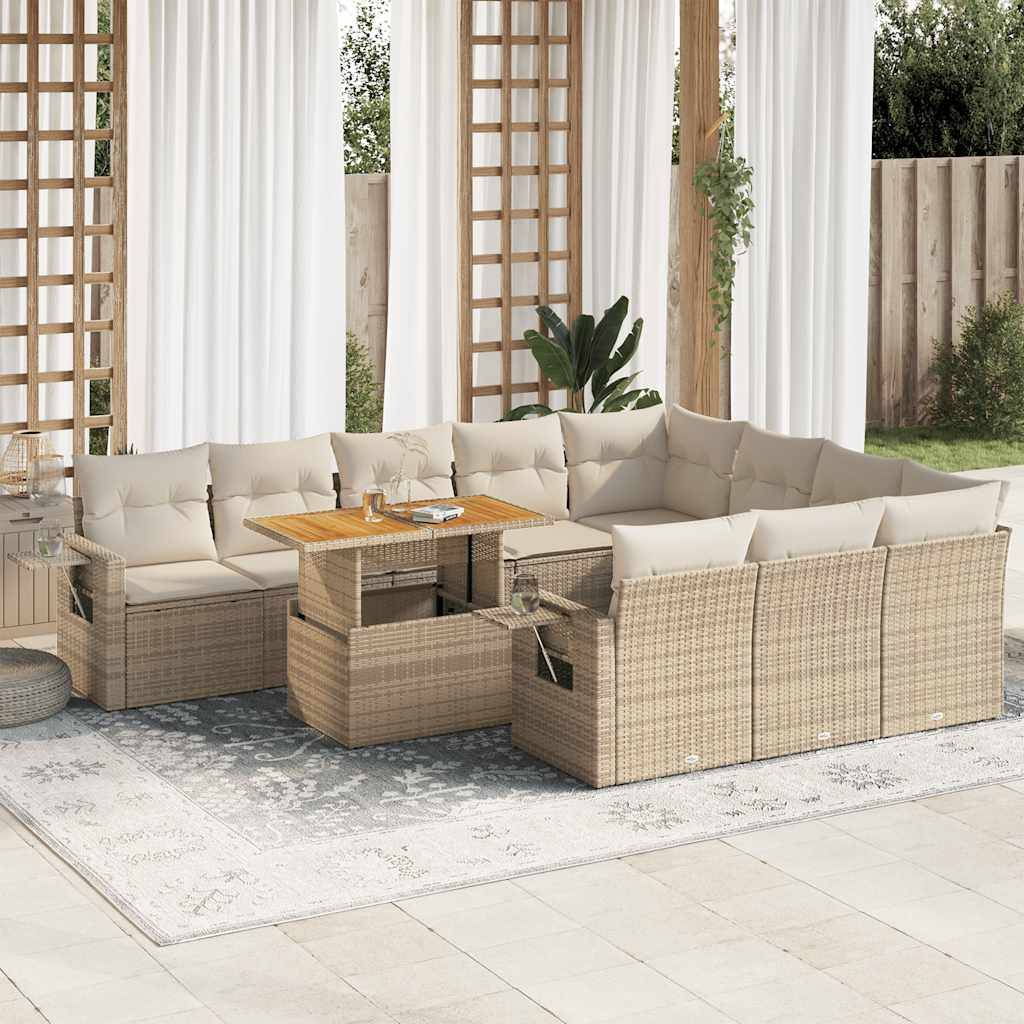 vidaXL 11-tlg. Garten-Sofagarnitur mit Kissen Beige Poly Rattan