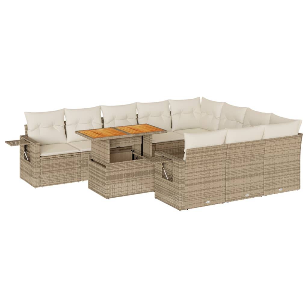 vidaXL 11-tlg. Garten-Sofagarnitur mit Kissen Beige Poly Rattan