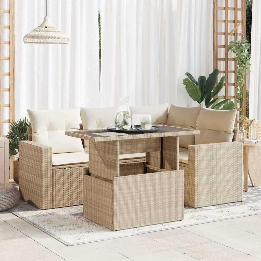 vidaXL 5-tlg. Garten-Sofagarnitur mit Kissen Beige Poly Rattan