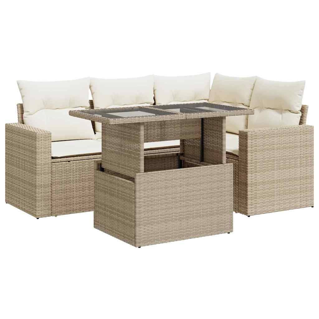 vidaXL 5-tlg. Garten-Sofagarnitur mit Kissen Beige Poly Rattan