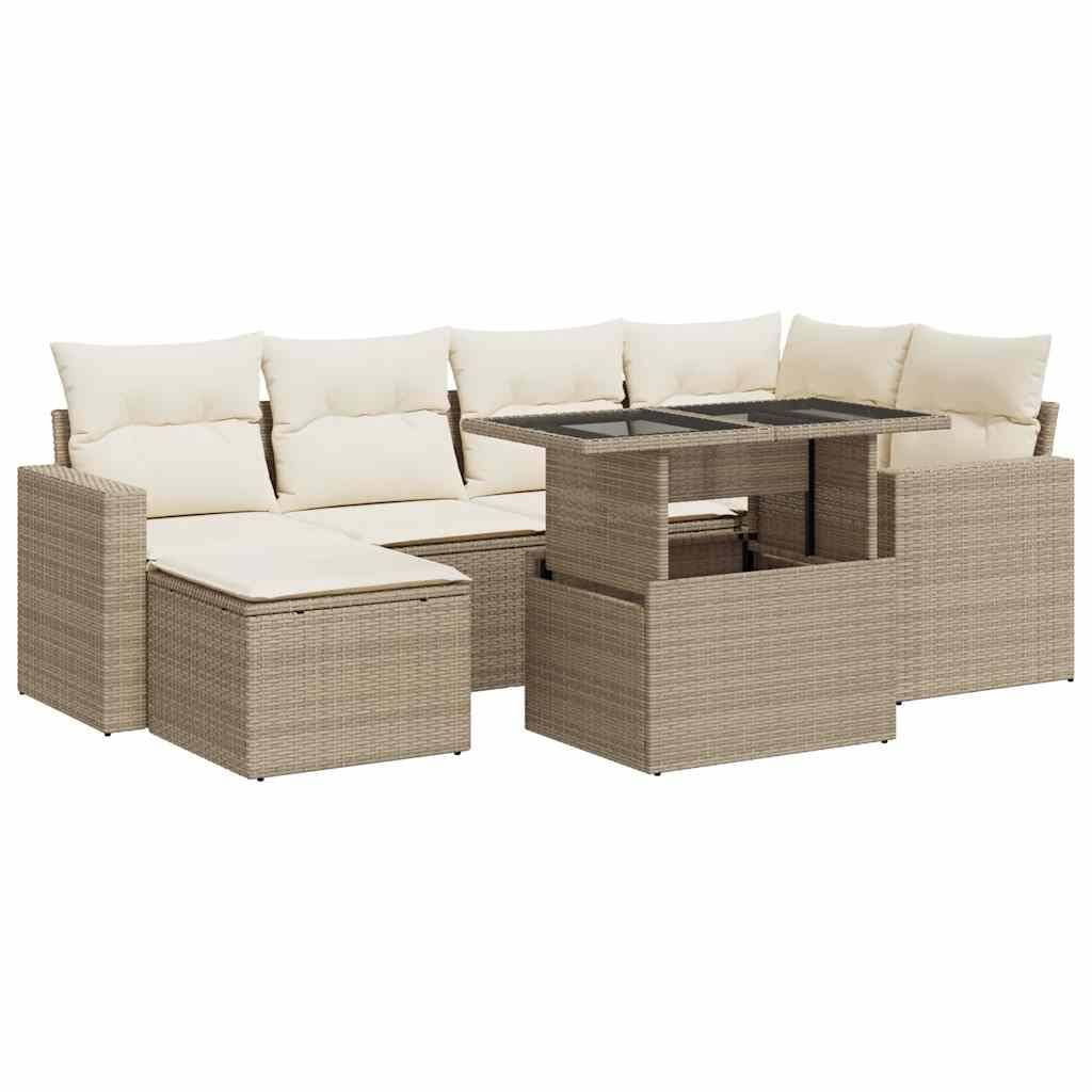 vidaXL 7-tlg. Garten-Sofagarnitur mit Kissen Beige Poly Rattan