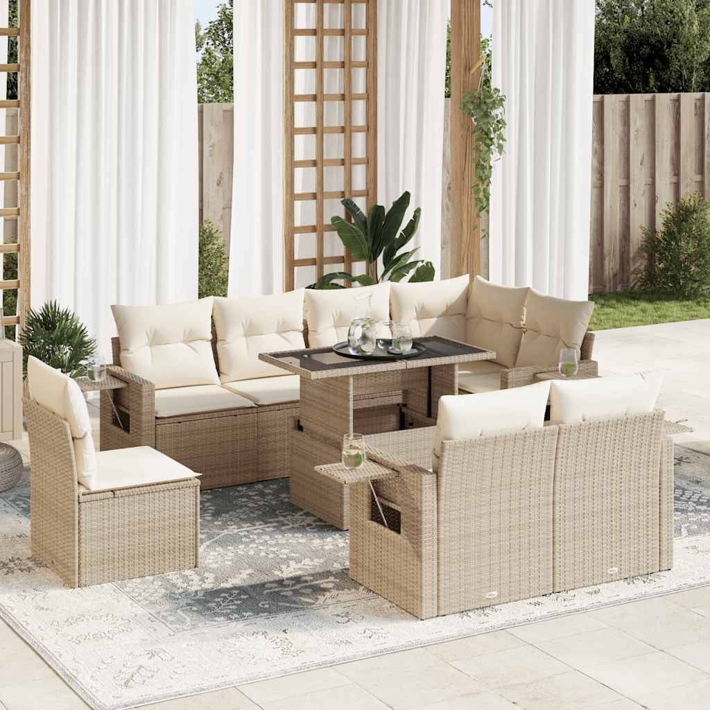 vidaXL 9-tlg. Garten-Sofagarnitur mit Kissen Beige Poly Rattan