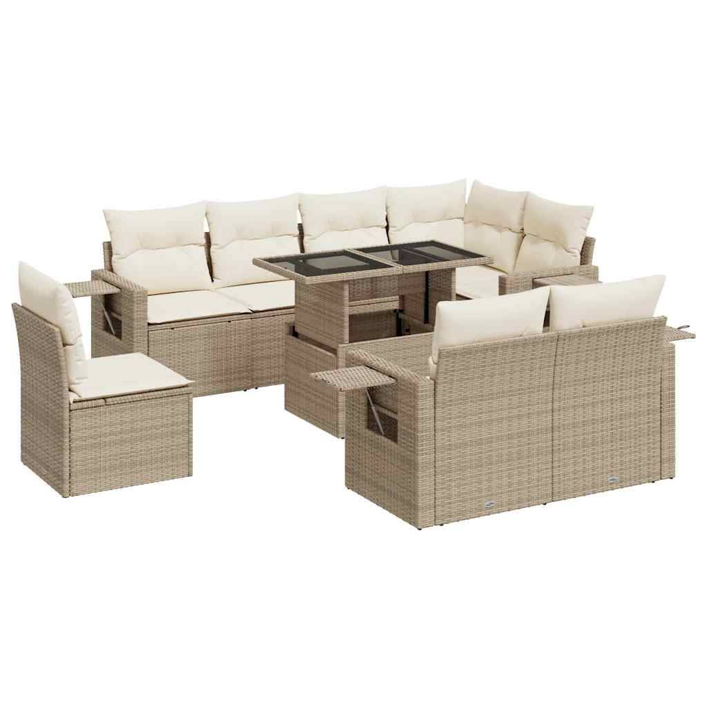 vidaXL 9-tlg. Garten-Sofagarnitur mit Kissen Beige Poly Rattan
