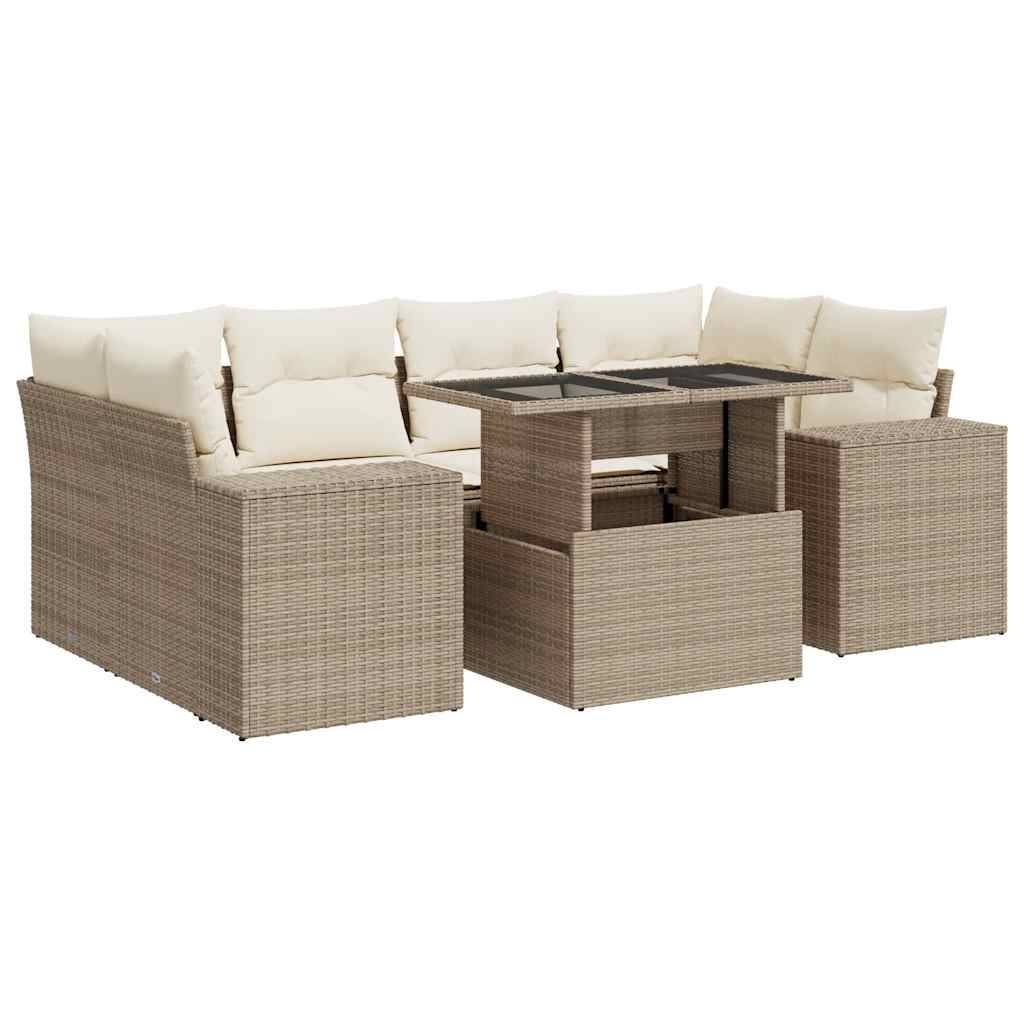 vidaXL 7-tlg. Garten-Sofagarnitur mit Kissen Beige Poly Rattan