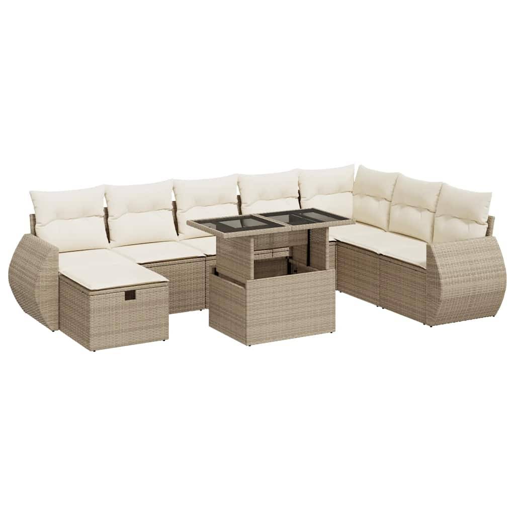 vidaXL 9-tlg. Garten-Sofagarnitur mit Kissen Beige Poly Rattan