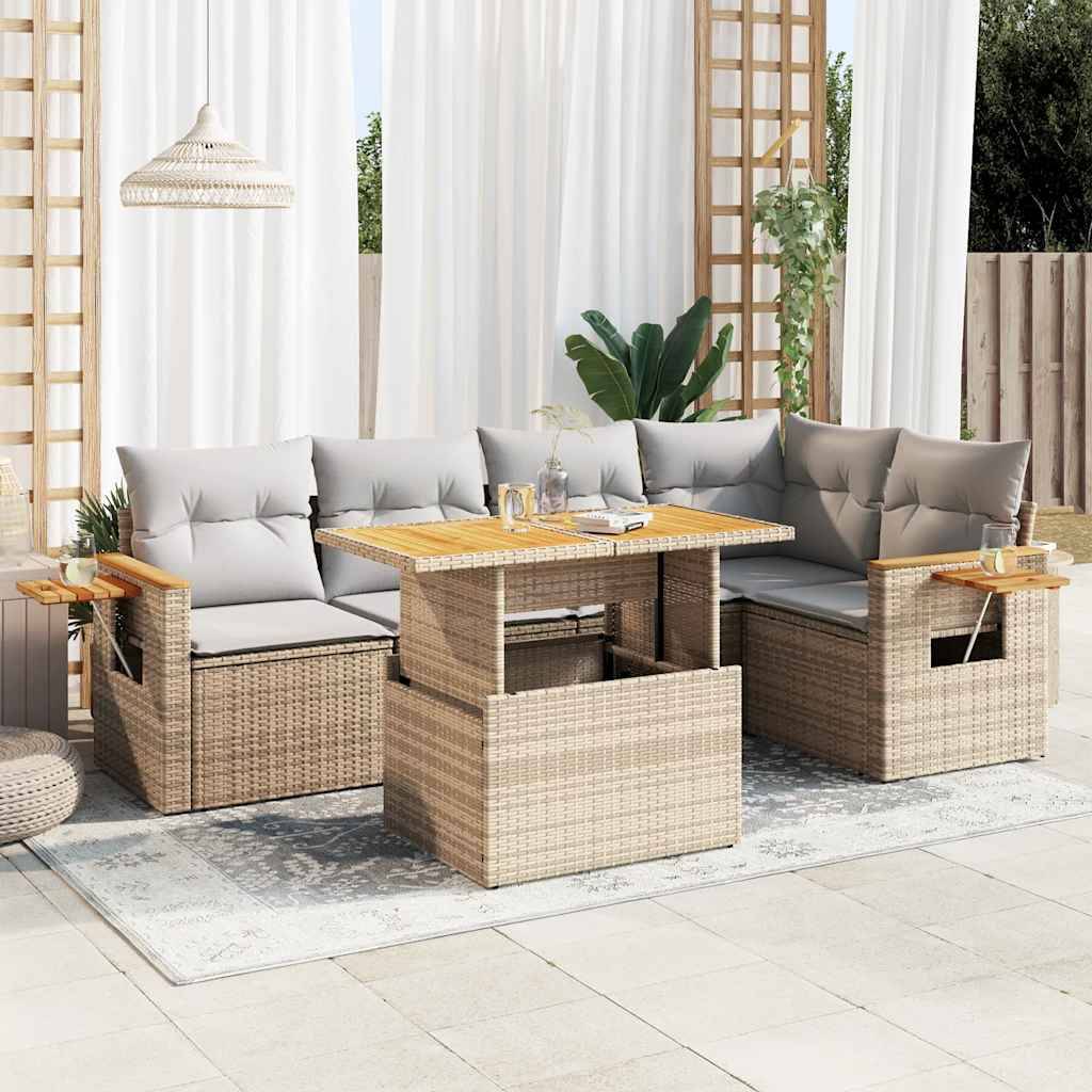 vidaXL 6-tlg. Garten-Sofagarnitur mit Kissen Beige Poly Rattan Akazie