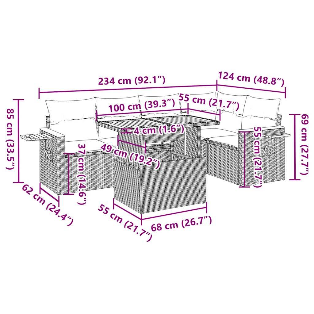vidaXL 6-tlg. Garten-Sofagarnitur mit Kissen Schwarz Poly Rattan