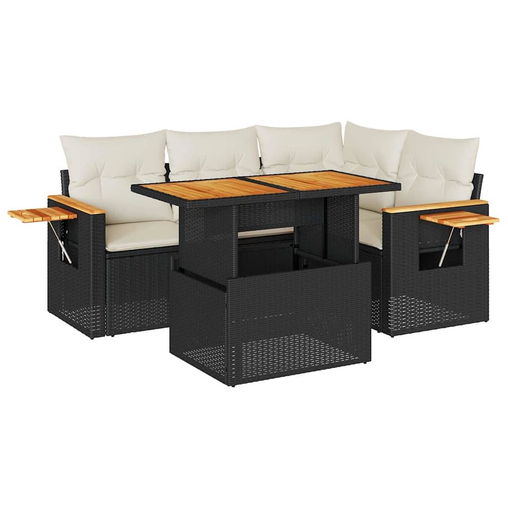 vidaXL 5tlg. Garten-Sofagarnitur mit Kissen Schwarz Poly Rattan Akazie