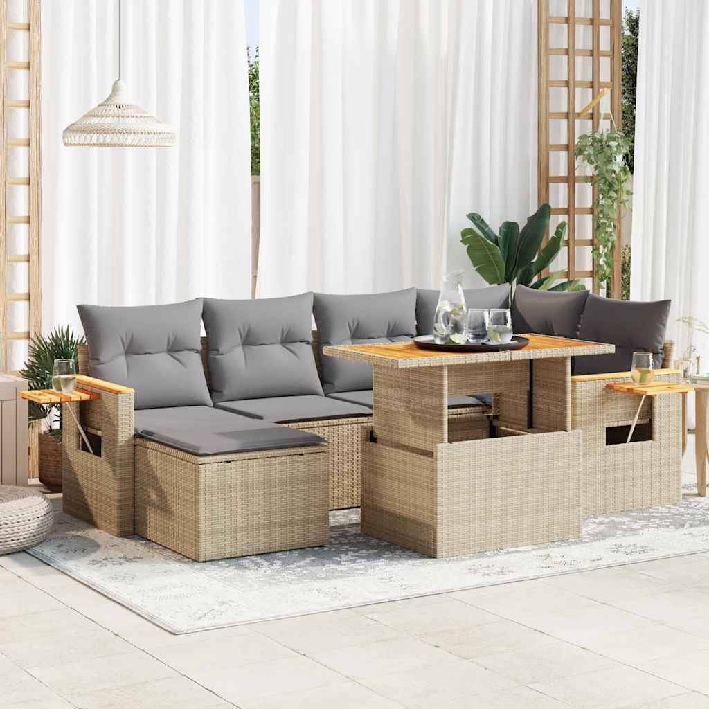 vidaXL 7-tlg. Garten-Sofagarnitur mit Kissen Beige Poly Rattan Akazie