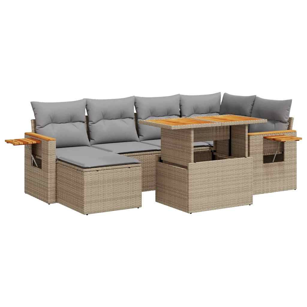 vidaXL 7-tlg. Garten-Sofagarnitur mit Kissen Beige Poly Rattan Akazie