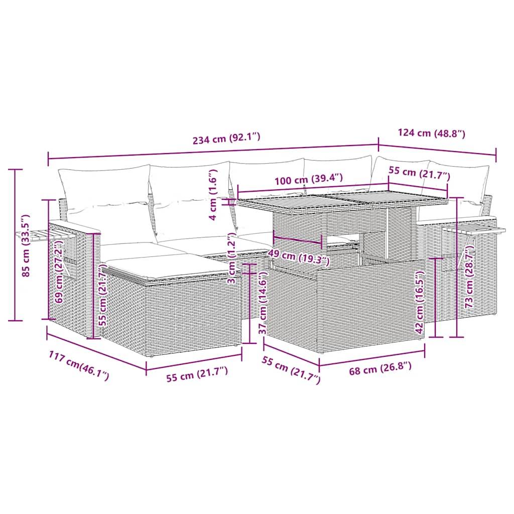 vidaXL 7-tlg. Garten-Sofagarnitur mit Kissen Beige Poly Rattan Akazie