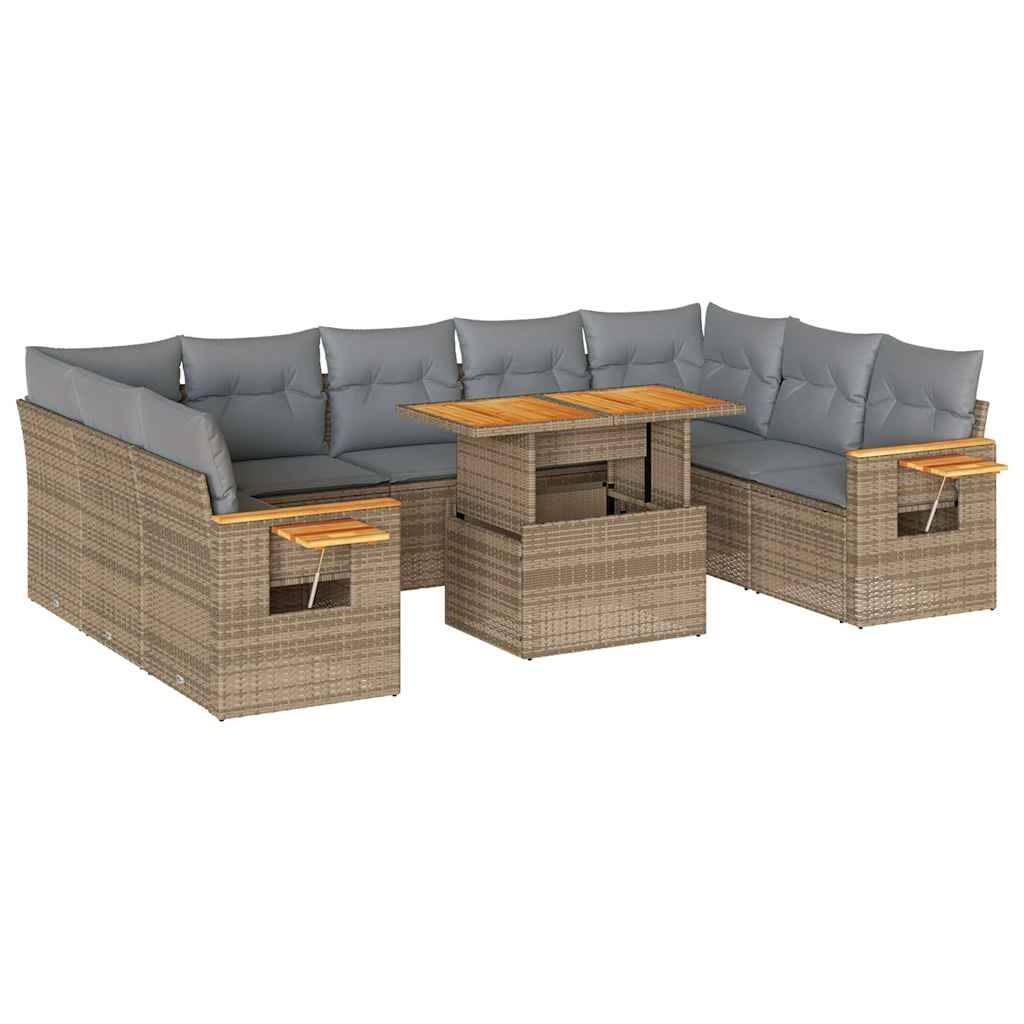 vidaXL 10-tlg. Garten-Sofagarnitur mit Kissen Beige Poly Rattan Akazie