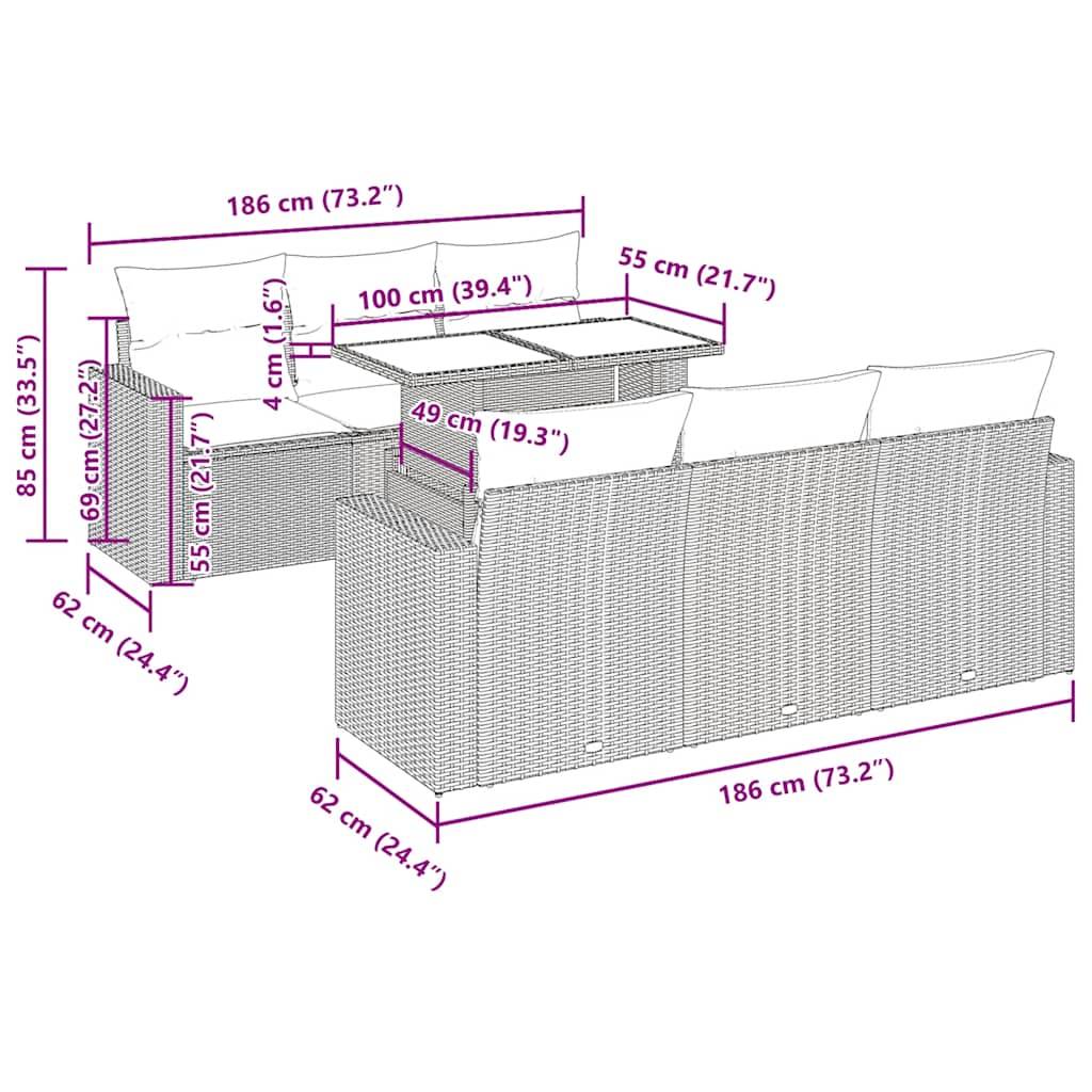 vidaXL 7-tlg. Garten-Sofagarnitur mit Kissen Beige Poly Rattan