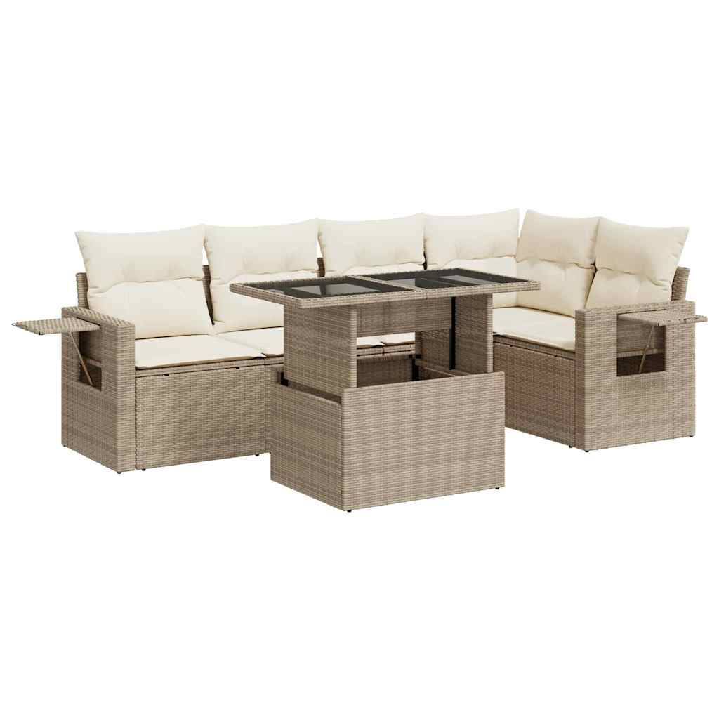 vidaXL 6-tlg. Garten-Sofagarnitur mit Kissen Beige Poly Rattan