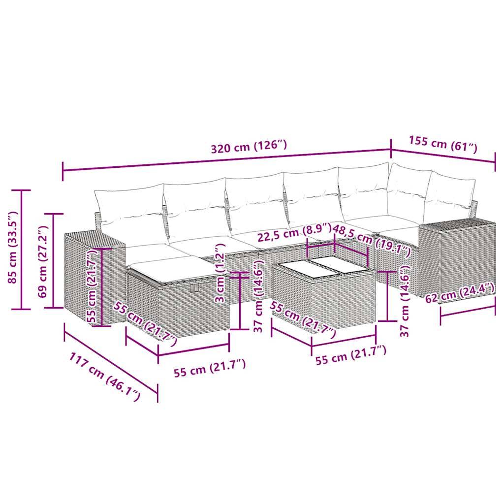 vidaXL 8-tlg. Garten-Sofagarnitur mit Kissen Beige Poly Rattan