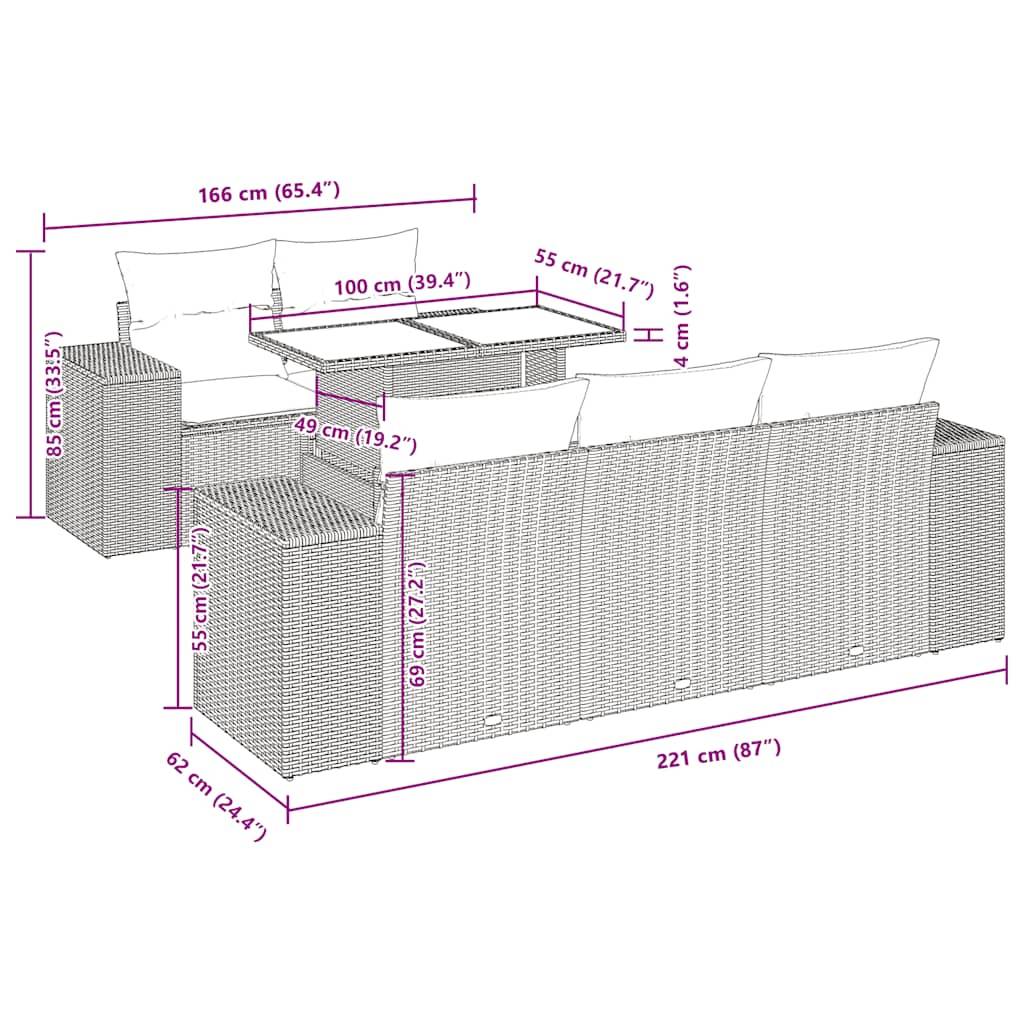 vidaXL 6-tlg. Garten-Sofagarnitur mit Kissen Schwarz Poly Rattan