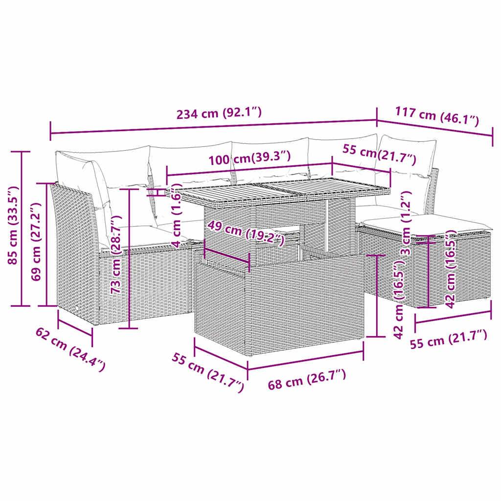 vidaXL 6-tlg. Garten-Sofagarnitur mit Kissen Schwarz Poly Rattan