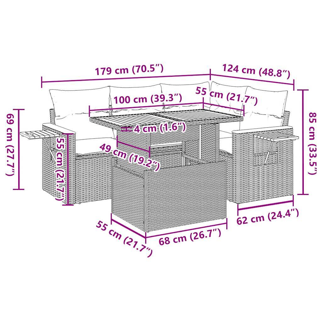 vidaXL 5tlg. Garten-Sofagarnitur mit Kissen Schwarz Poly Rattan Akazie