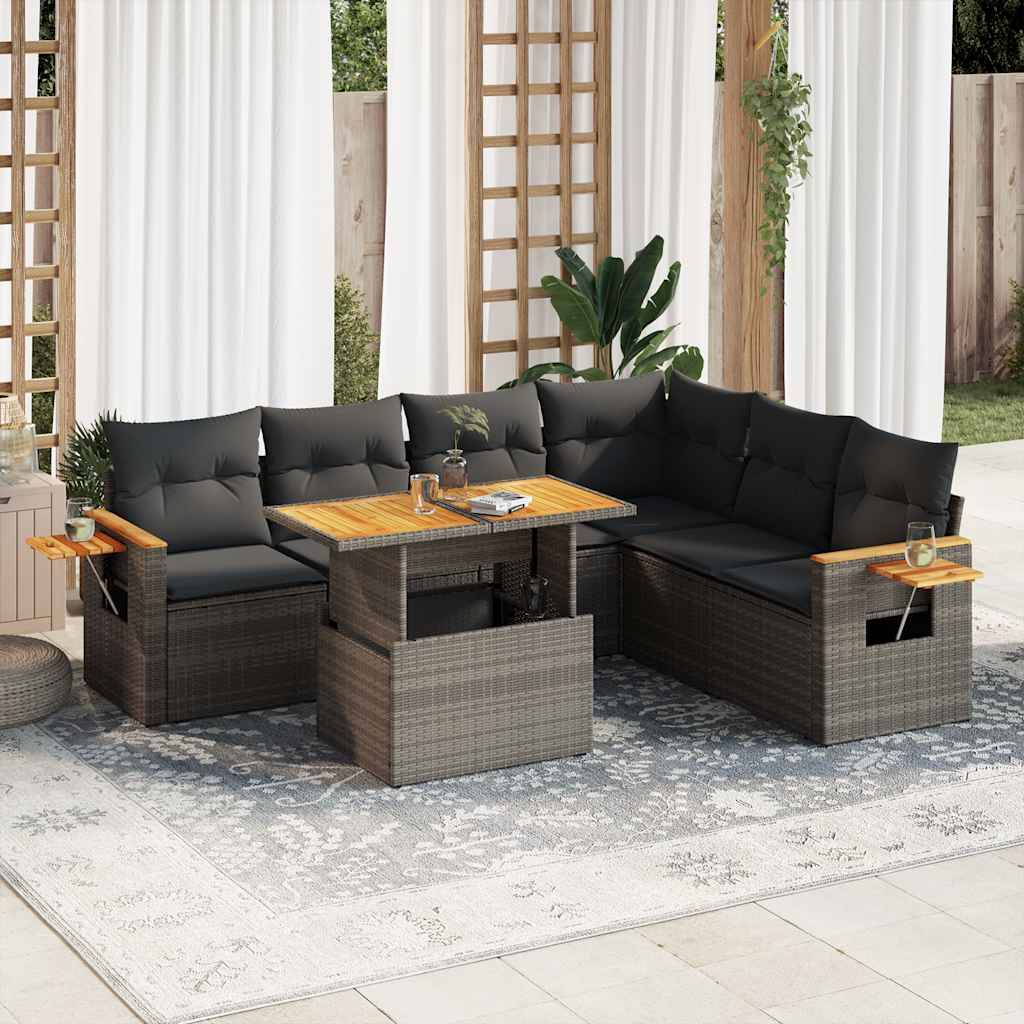 vidaXL 7-tlg. Garten-Sofagarnitur mit Kissen Grau Poly Rattan Akazie