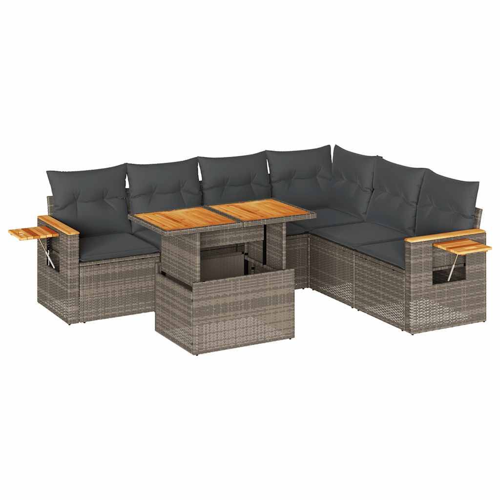 vidaXL 7-tlg. Garten-Sofagarnitur mit Kissen Grau Poly Rattan Akazie