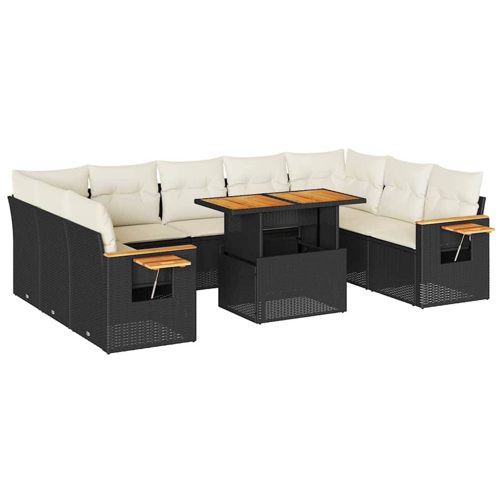 vidaXL 10-tlg. Garten-Sofagarnitur mit Kissen Schwarz Poly Rattan
