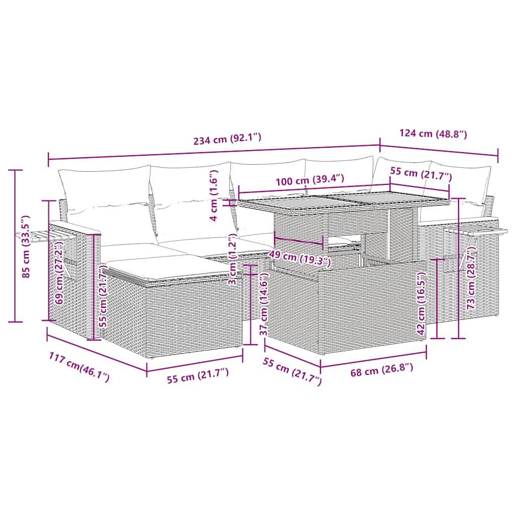 vidaXL 7-tlg. Garten-Sofagarnitur mit Kissen Beige Poly Rattan Akazie