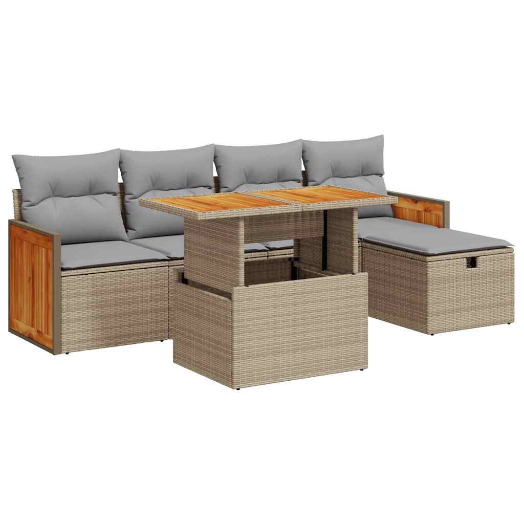 vidaXL 6-tlg. Garten-Sofagarnitur mit Kissen Beige Poly Rattan
