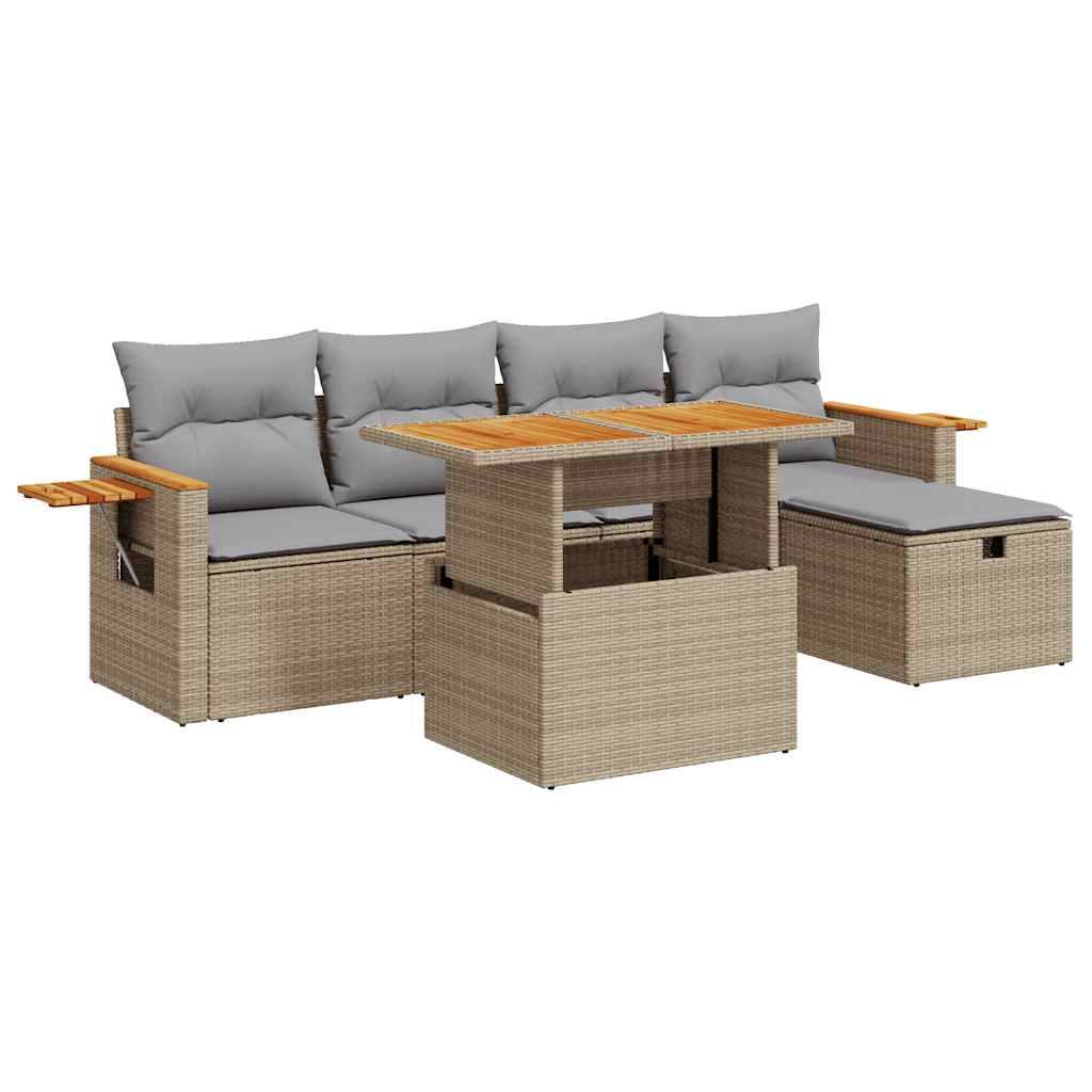 vidaXL 6-tlg. Garten-Sofagarnitur mit Kissen Beige Poly Rattan