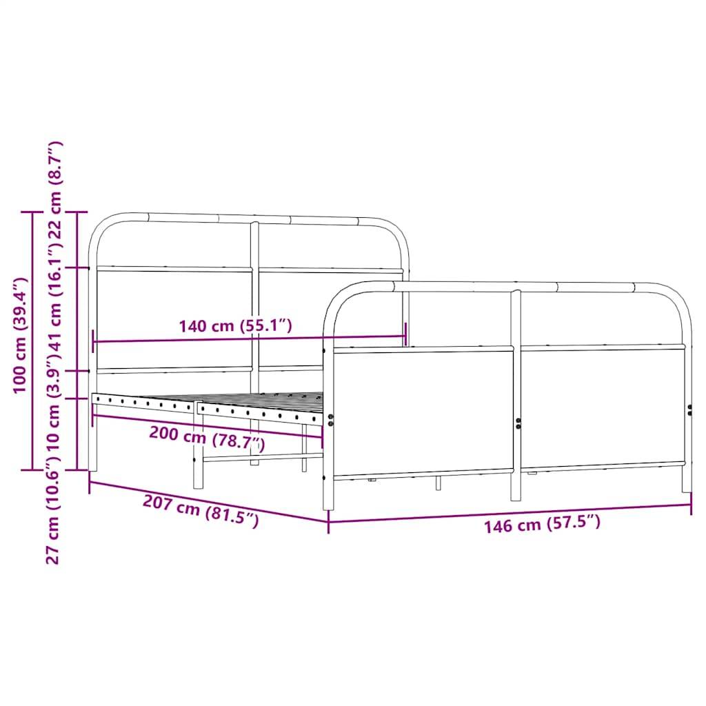 vidaXL Metallbett ohne Matratze Sonoma-Eiche 140x200 cm