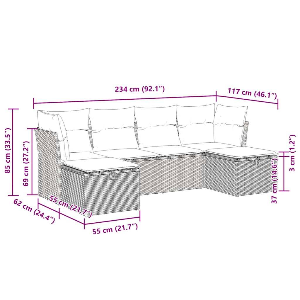 vidaXL 6-tlg. Garten-Sofagarnitur mit Kissen Beige Poly Rattan