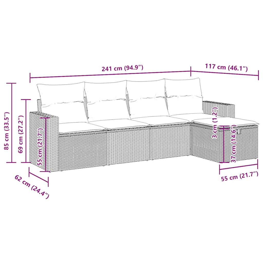 vidaXL 5-tlg. Garten-Sofagarnitur mit Kissen Grau Poly Rattan