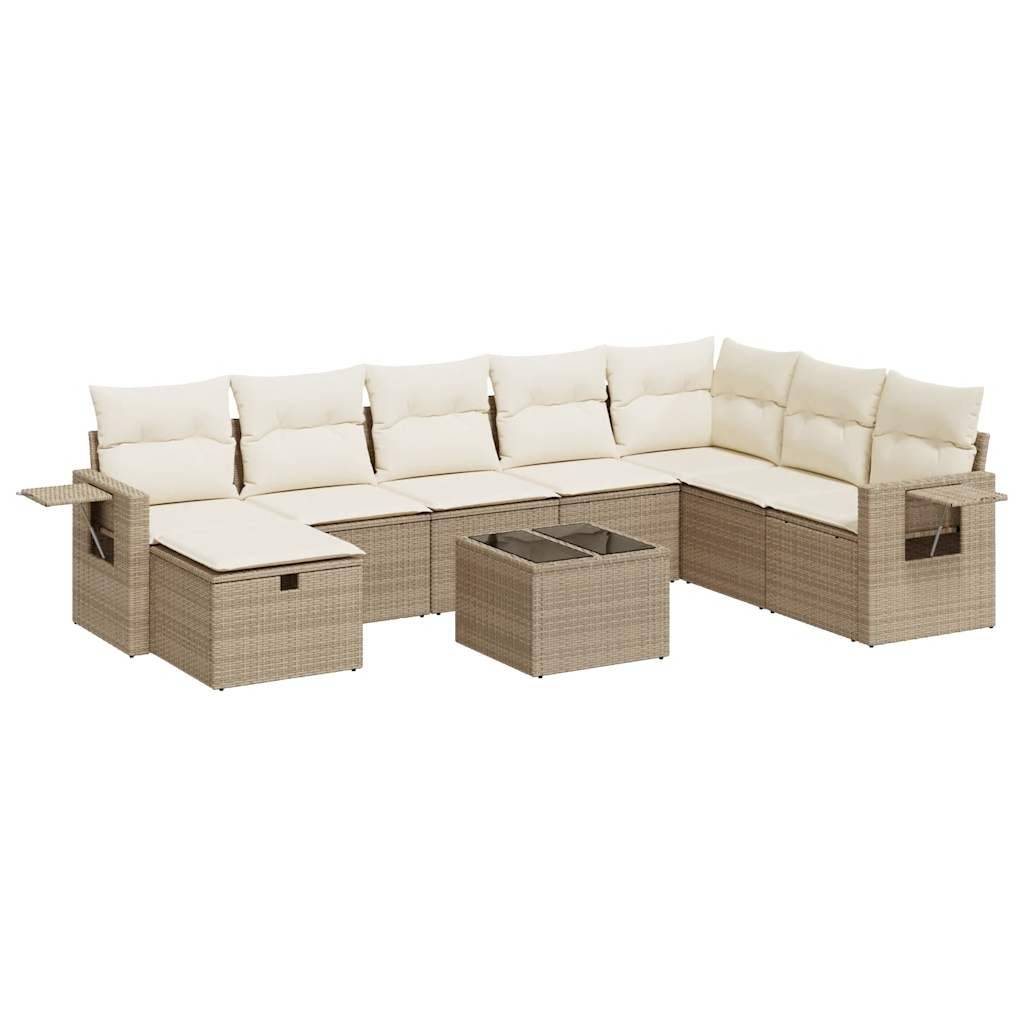 vidaXL 9-tlg. Garten-Sofagarnitur mit Kissen Beige Poly Rattan