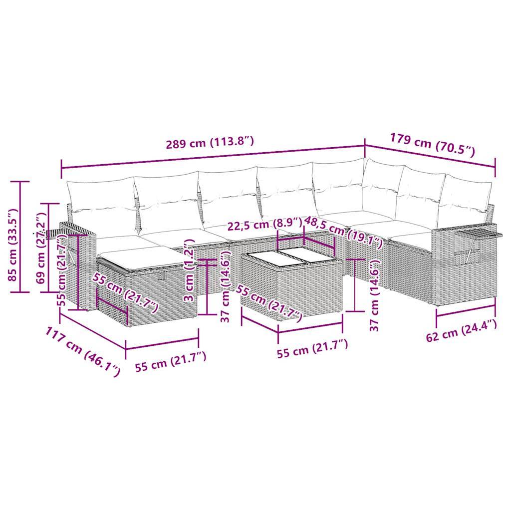 vidaXL 9-tlg. Garten-Sofagarnitur mit Kissen Beige Poly Rattan