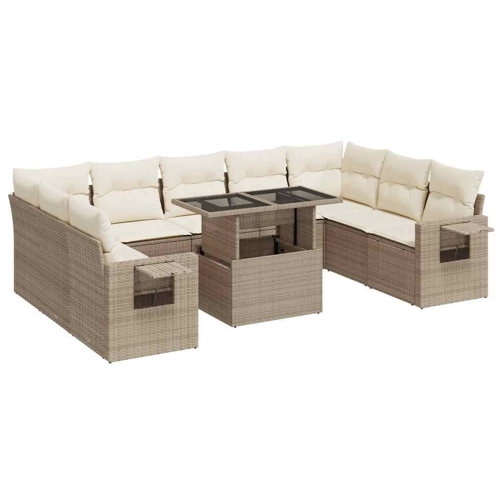 vidaXL 10-tlg. Garten-Sofagarnitur mit Kissen Beige Poly Rattan
