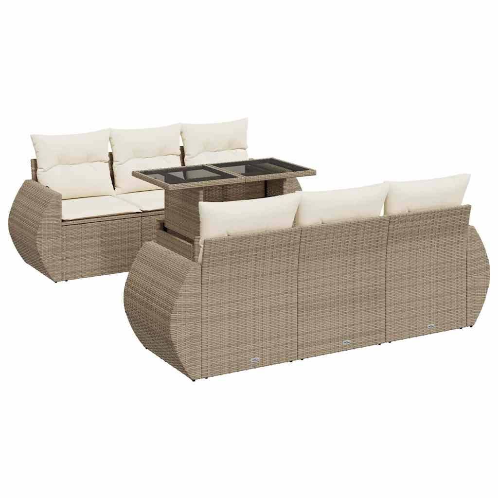 vidaXL 7-tlg. Garten-Sofagarnitur mit Kissen Beige Poly Rattan
