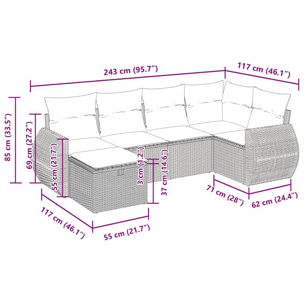 vidaXL 6-tlg. Garten-Sofagarnitur mit Kissen Beige Poly Rattan