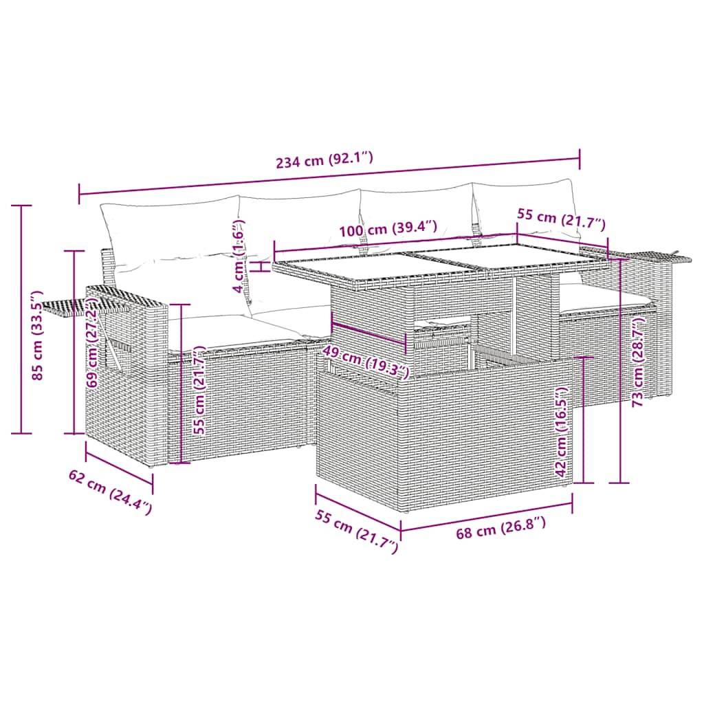 vidaXL 5-tlg. Garten-Sofagarnitur mit Kissen Beige Poly Rattan