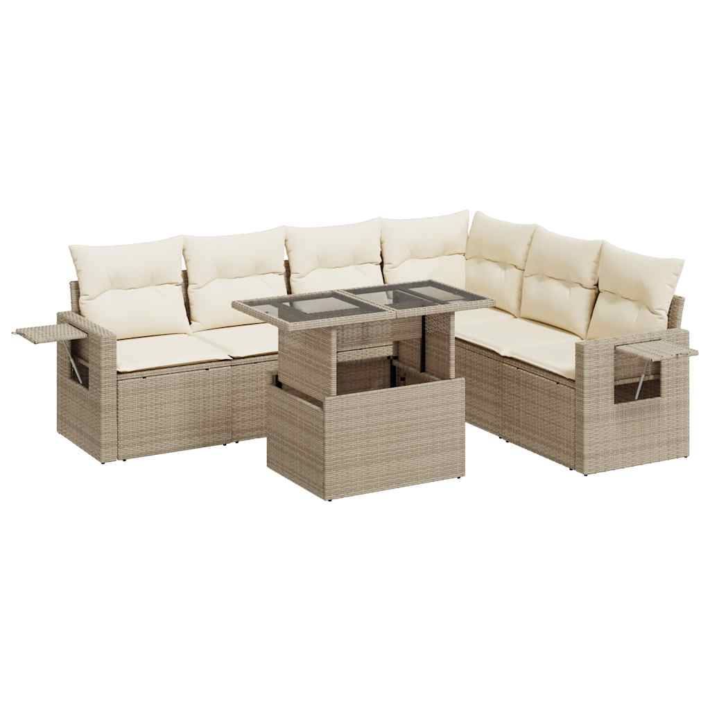 vidaXL 7-tlg. Garten-Sofagarnitur mit Kissen Beige Poly Rattan
