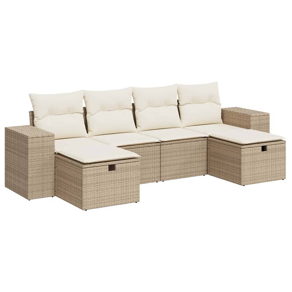 vidaXL 6-tlg. Garten-Sofagarnitur mit Kissen Beige Poly Rattan