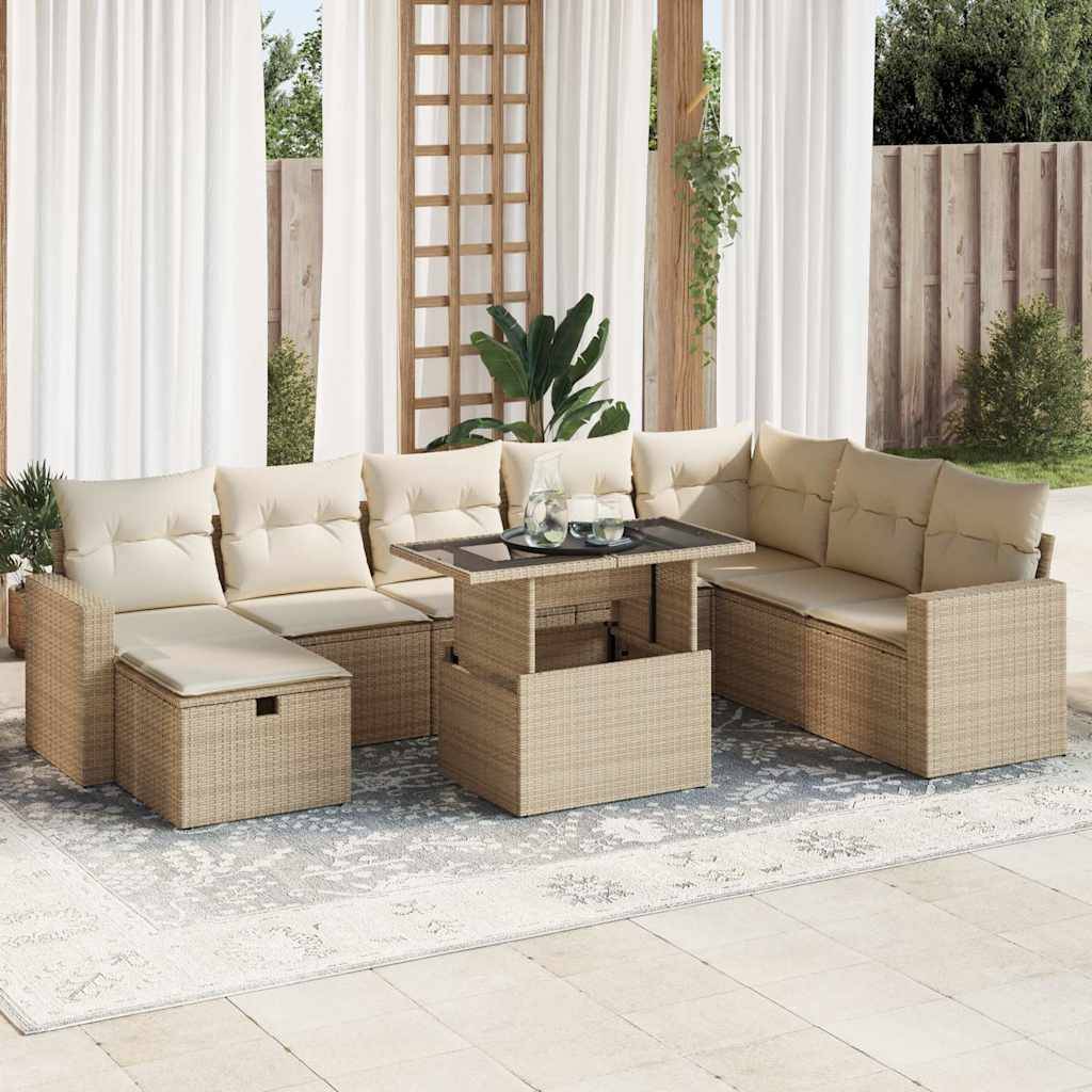 vidaXL 9-tlg. Garten-Sofagarnitur mit Kissen Beige Poly Rattan