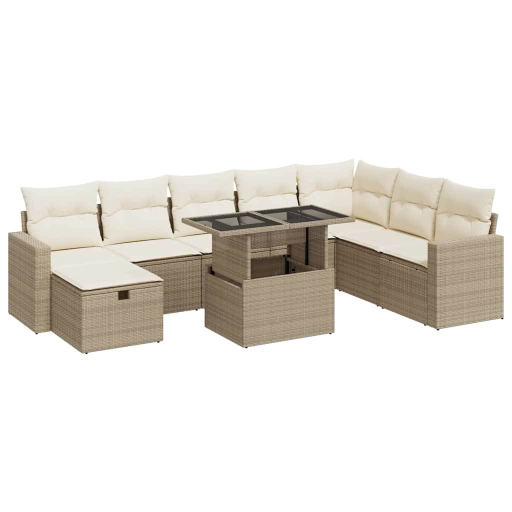 vidaXL 9-tlg. Garten-Sofagarnitur mit Kissen Beige Poly Rattan