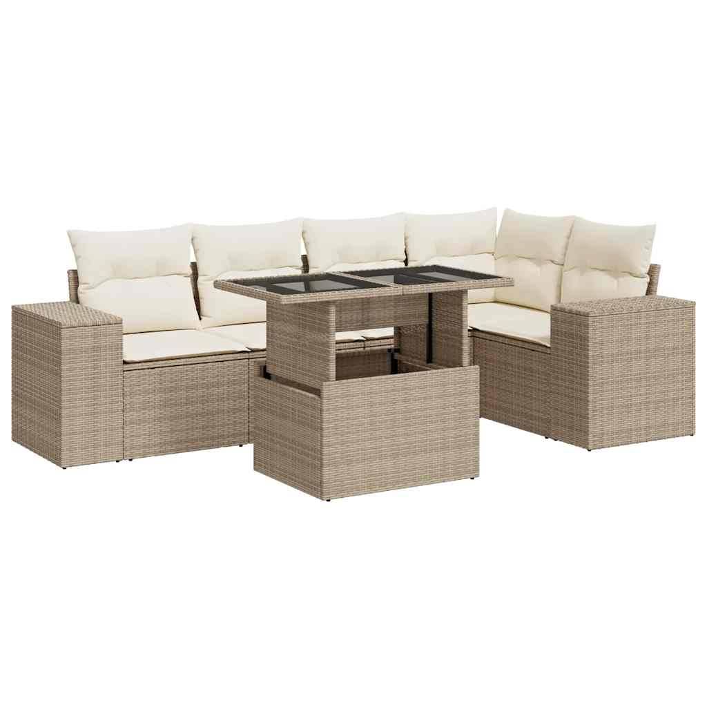 vidaXL 6-tlg. Garten-Sofagarnitur mit Kissen Beige Poly Rattan