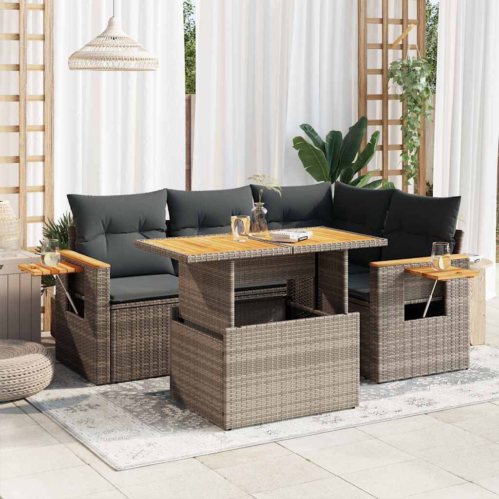 vidaXL 5-tlg. Garten-Sofagarnitur mit Kissen Grau Poly Rattan Akazie