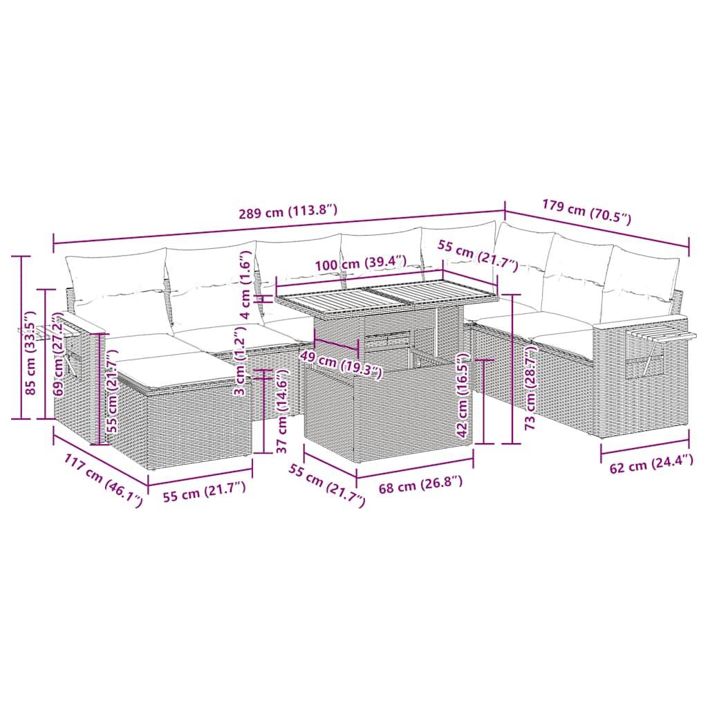 vidaXL 10-tlg. Garten-Sofagarnitur mit Kissen Grau Poly Rattan Akazie