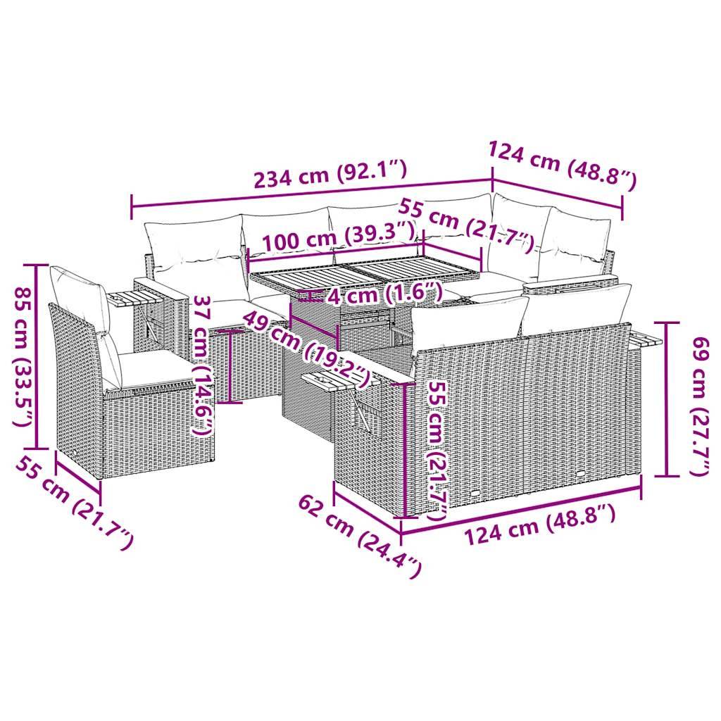 vidaXL 9-tlg. Garten-Sofagarnitur mit Kissen Schwarz Poly Rattan