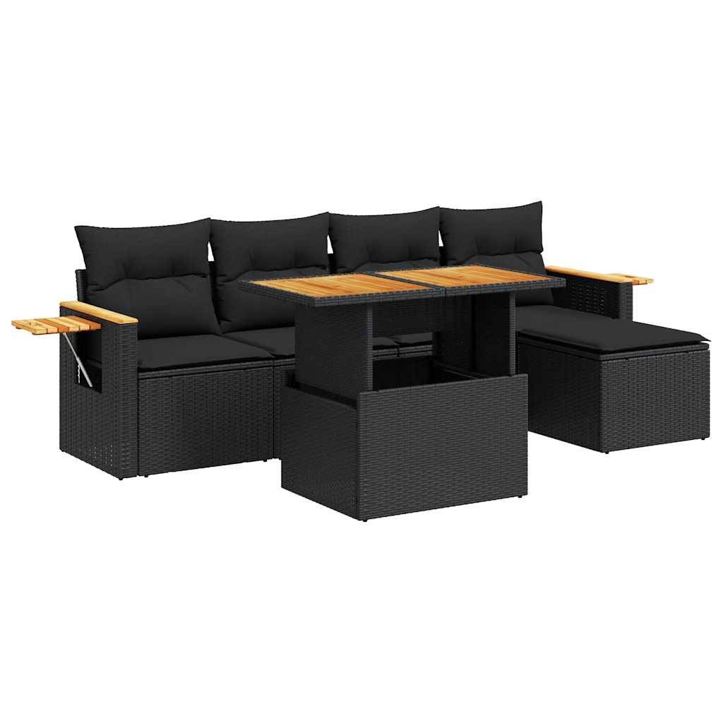 vidaXL 6-tlg. Garten-Sofagarnitur mit Kissen Schwarz Poly Rattan