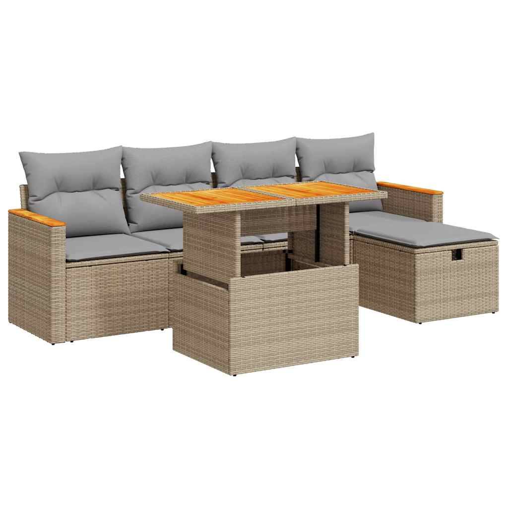 vidaXL 6-tlg. Garten-Sofagarnitur mit Kissen Beige Poly Rattan